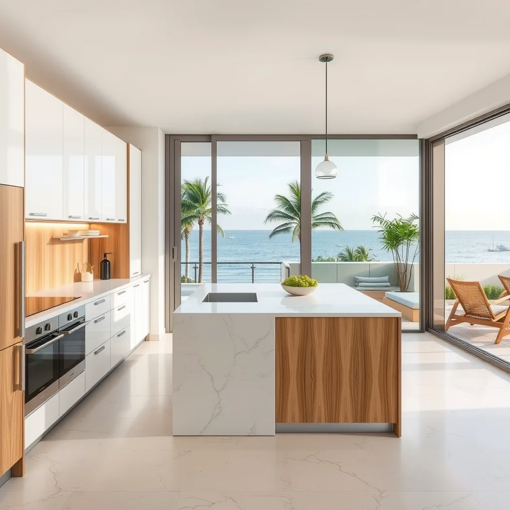 Cocina a medida con frentes blancos y madera clara frente al mar en Acapulco